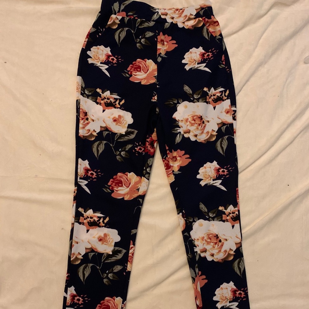Navy blue dress pants with flowers